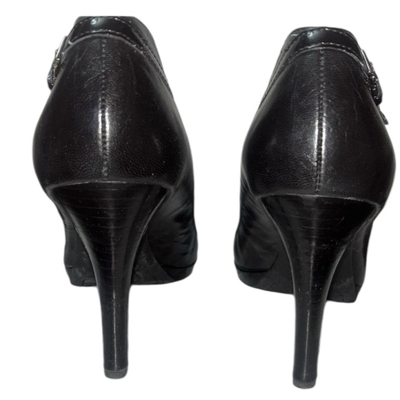 Franco Sarto black leather pumps faux buckle/belt adorned 3.5" heel - Picture 4 of 9